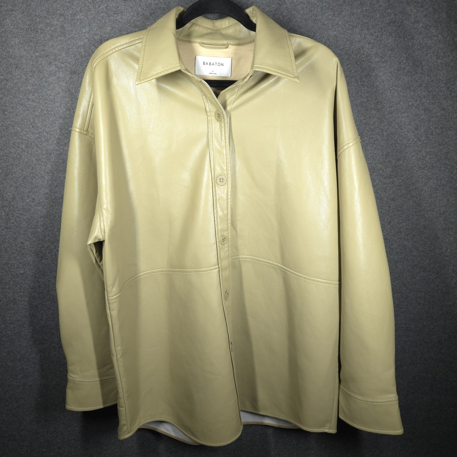 Babaton Aritzia Pelli Shirt Jacket Womens Large Faux Leather Tan Modern Chic